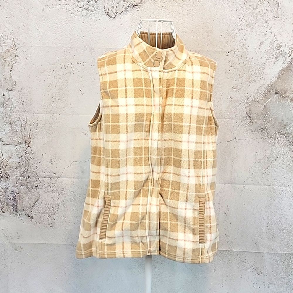 Basic Editions creme and white plaid fleece vest Women's Size M
